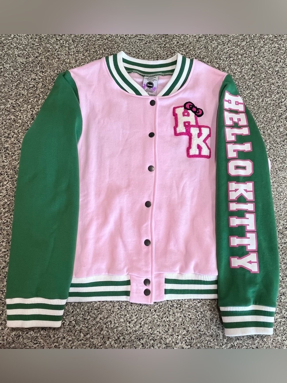 Hello Kitty Varsity Bomber Jacket Pink /Green Button Up Womens Large